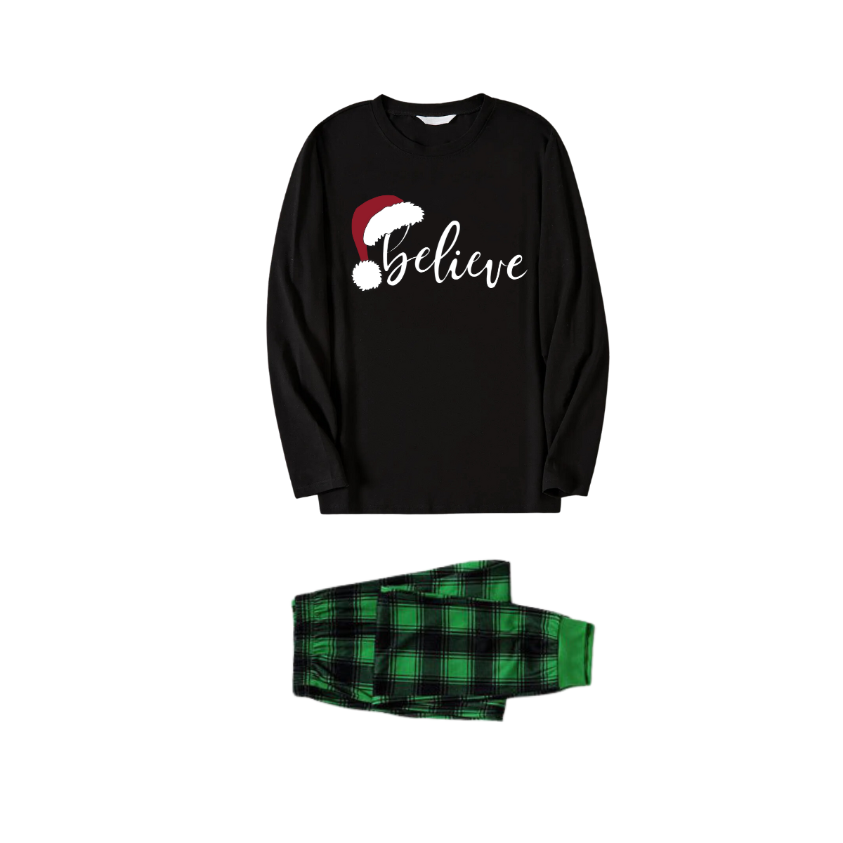 Christmas "Believe" Text Print Black Long Sleeve Top with Green and Black Plaid Family Matching Pajamas