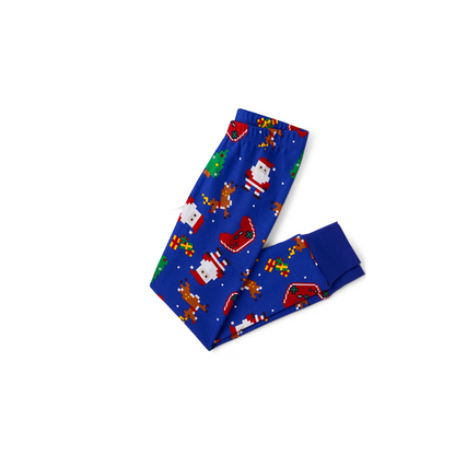 2025 Family Christmas Family Pajamas Set - Blue Top, Blue Pants, Blue Christmas Cartoon Sleeves, Letter Print