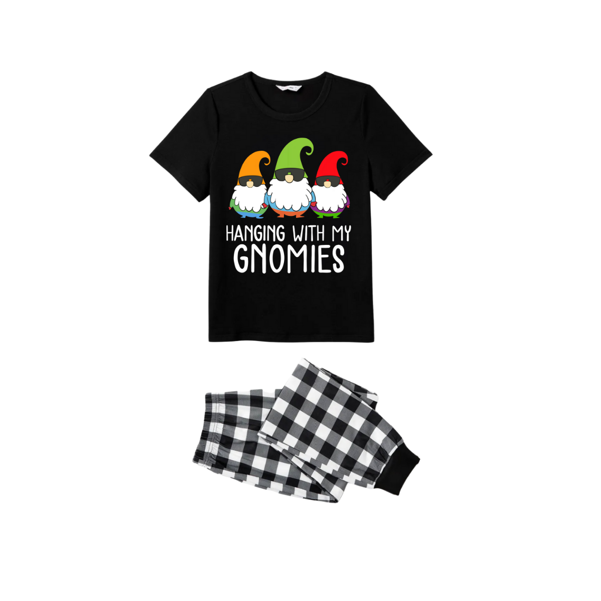 Hanging With My Gnomies Family Christmas Pajamas Set - Black Top Black and White Plaid Pants Colorful Gnomes Graphic