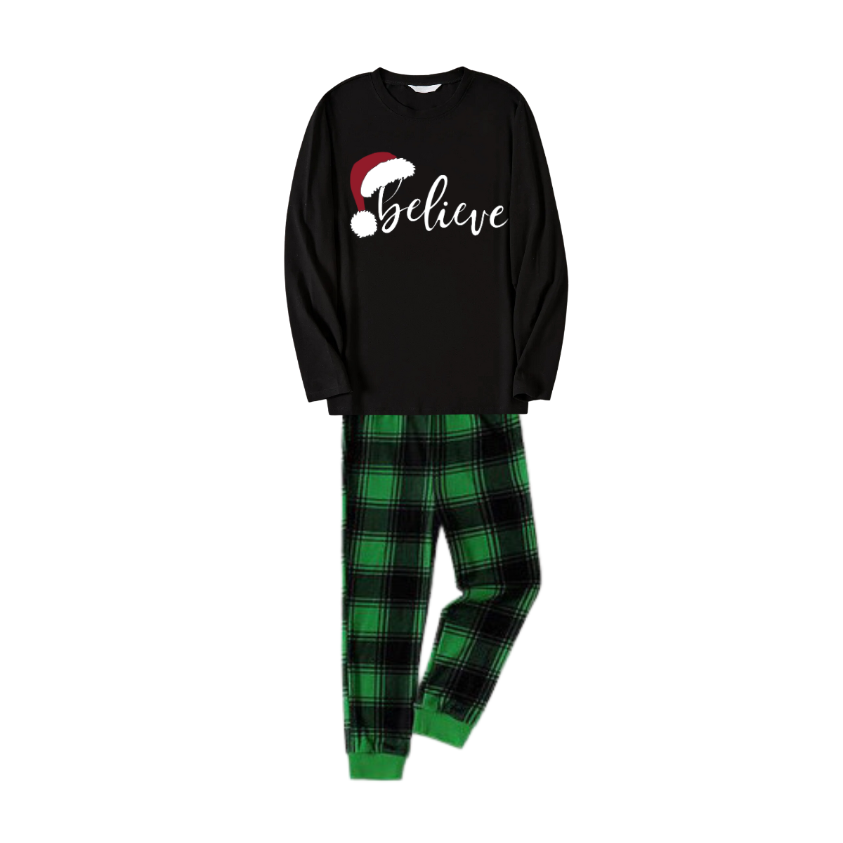 Christmas "Believe" Text Print Black Long Sleeve Top with Green and Black Plaid Family Matching Pajamas
