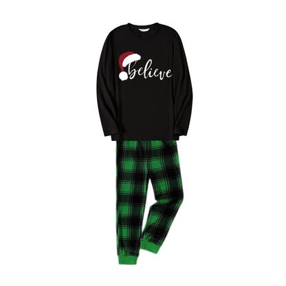 Christmas "Believe" Text Print Black Long Sleeve Top with Green and Black Plaid Family Matching Pajamas