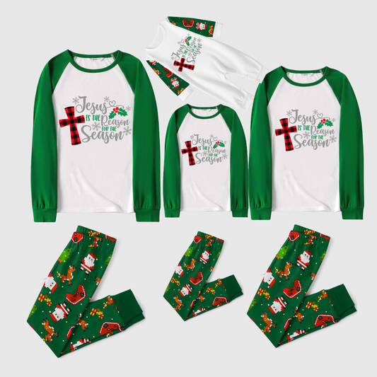 Jesus Reason Christmas Pajamas - Green & Santa Print