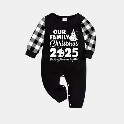 'Our Family Chirstmas 2025 Making Memories Together' Letter Print Black Long Sleeve Top with Black And White Plaid Pants Family Matching Pajamas