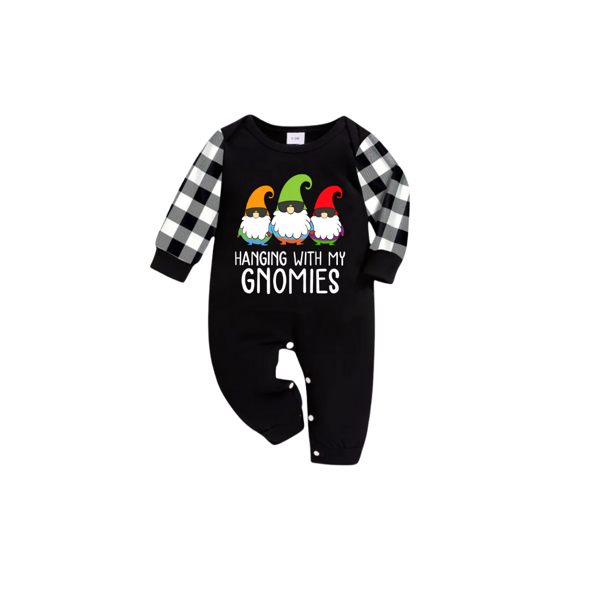 Hanging With My Gnomies Family Christmas Pajamas Set - Black Top Black and White Plaid Pants Colorful Gnomes Graphic