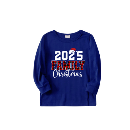 2025 Family Christmas Family Pajamas Set - Blue Top, Blue Pants, Blue Christmas Cartoon Sleeves, Letter Print