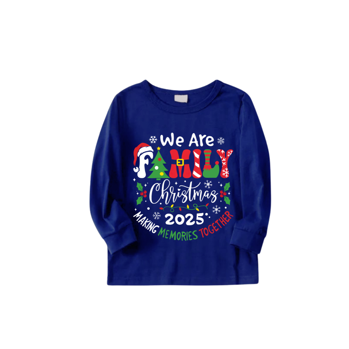 We Are Family Christmas 2025 Making Memories Family Pajamas Set - Blue Top, Blue Pants, Blue Christmas Cartoon Sleeves