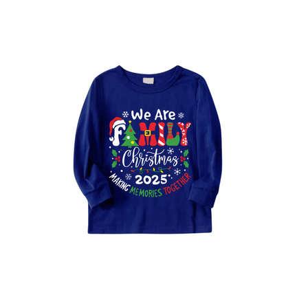 We Are Family Christmas 2025 Making Memories Family Pajamas Set - Blue Top, Blue Pants, Blue Christmas Cartoon Sleeves