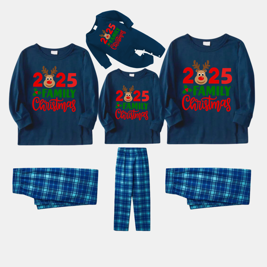 "2025 Family Christmas" Moose Letter Print Blue Plaid Christmas Matching Pajamas