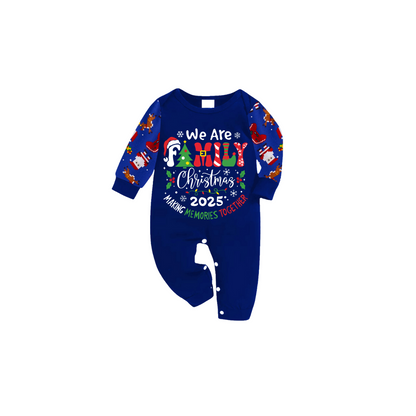 We Are Family Christmas 2025 Making Memories Family Pajamas Set - Blue Top, Blue Pants, Blue Christmas Cartoon Sleeves