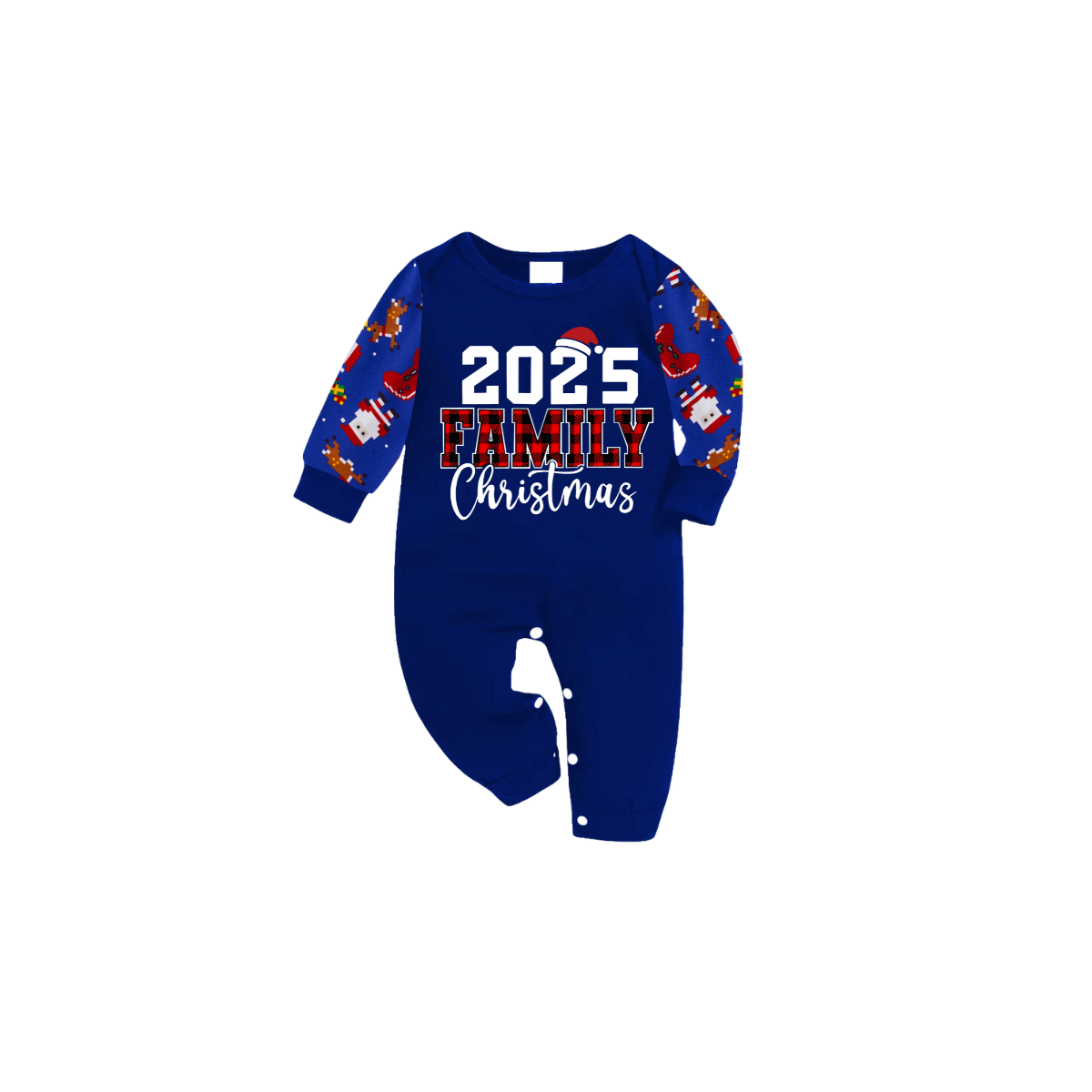 2025 Family Christmas Family Pajamas Set - Blue Top, Blue Pants, Blue Christmas Cartoon Sleeves, Letter Print