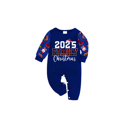 2025 Family Christmas Family Pajamas Set - Blue Top, Blue Pants, Blue Christmas Cartoon Sleeves, Letter Print