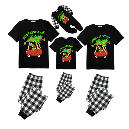 Black and White Plaid Christmas Short Sleeve Pajamas Set With Grinch and Christmas Tree Print