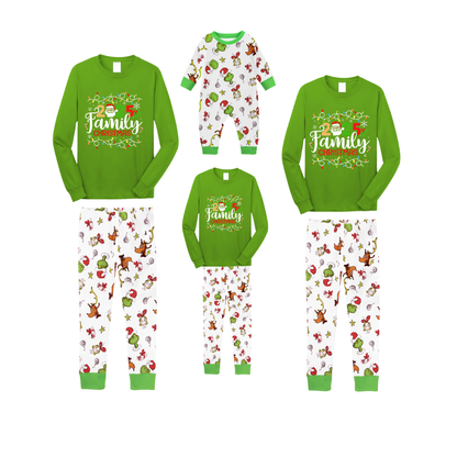 Green Top and Grinch Pants Pajamas Set With Christmas Light and "2025 Family Christmas" Text Print