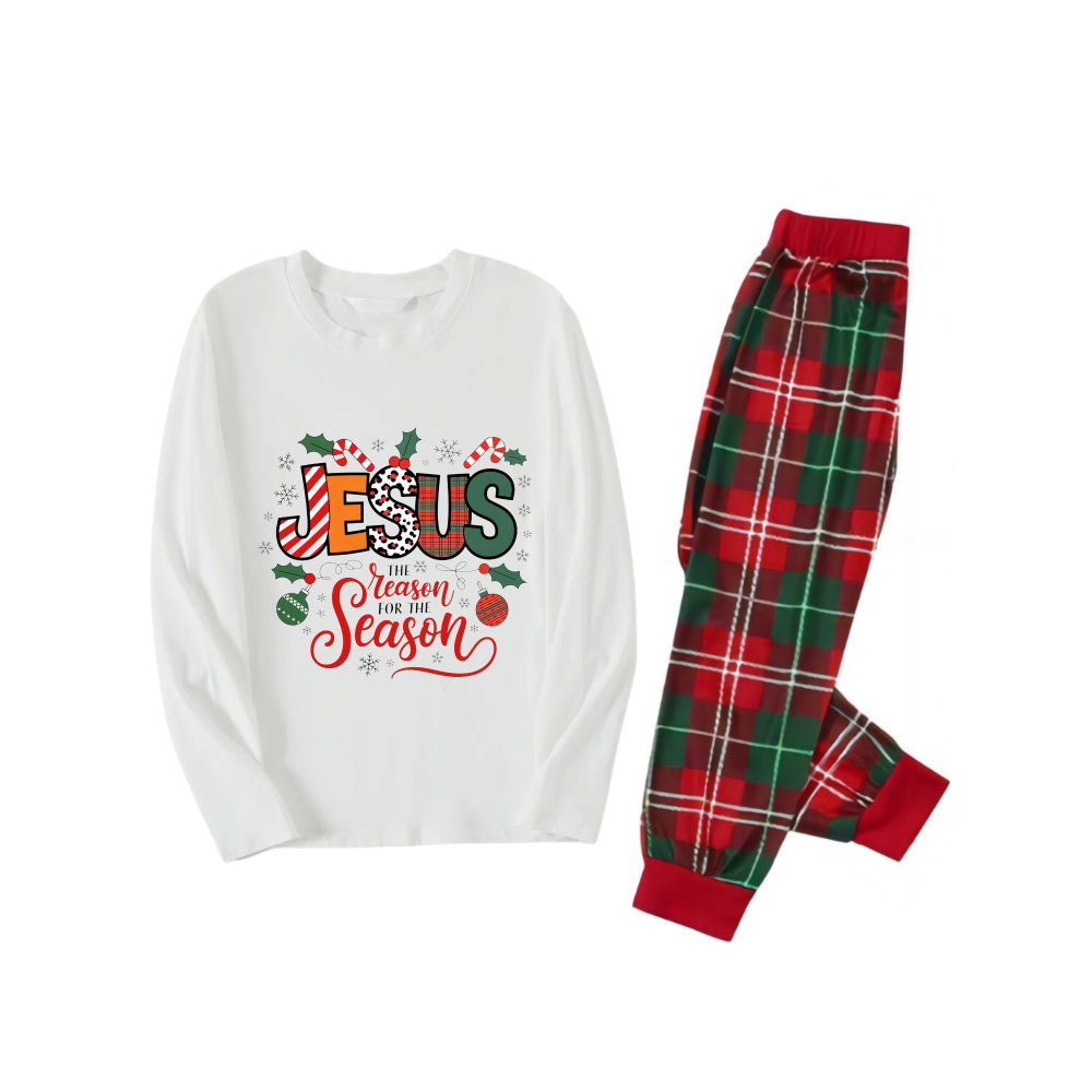 Christmas Pattern and “Jesus” Colorful Text Printed Red and Green Plaid Christmas Pajama Set