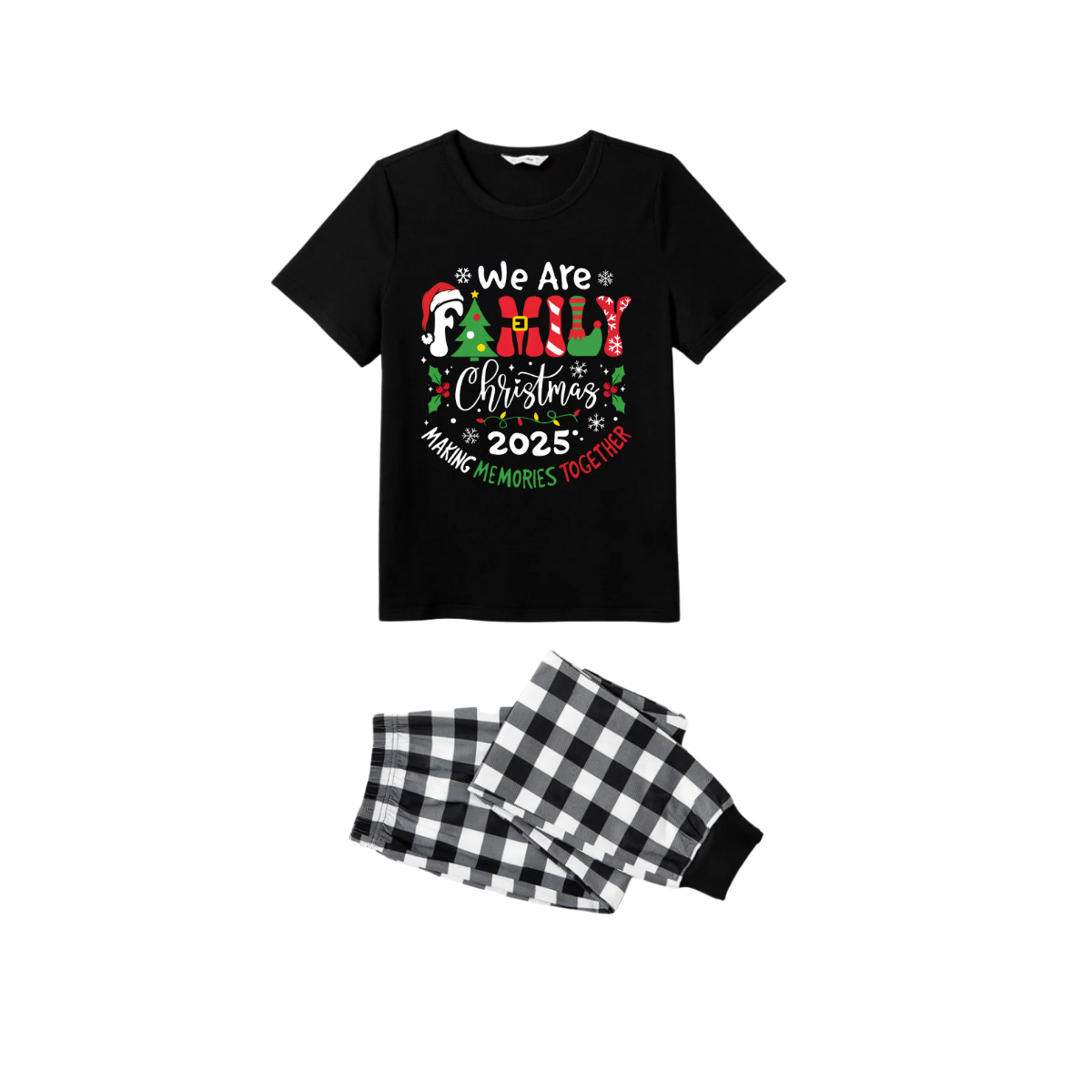 We Are Family Making Memories Together Christmas 2025 Pajamas Set - Black Top Black and White Plaid Pants Colorful Text Graphic
