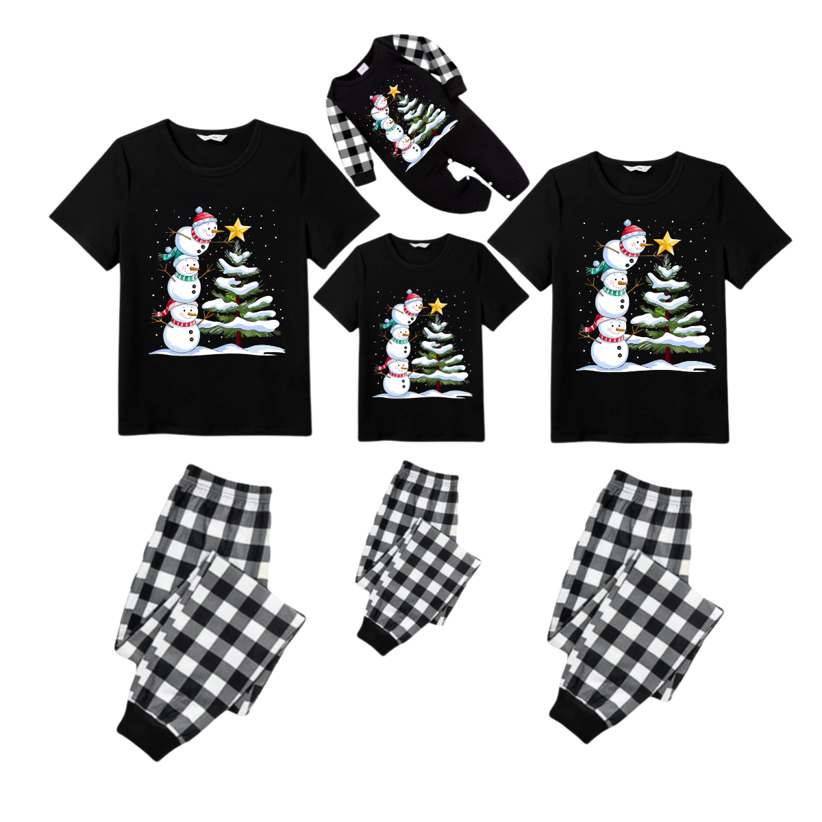 Black and White Plaid Christmas Short Sleeve Pajamas Set with Snowman & Christmas Tree Print