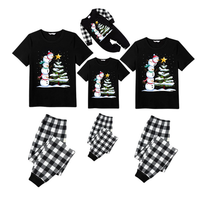 Black and White Plaid Christmas Short Sleeve Pajamas Set with Snowman & Christmas Tree Print