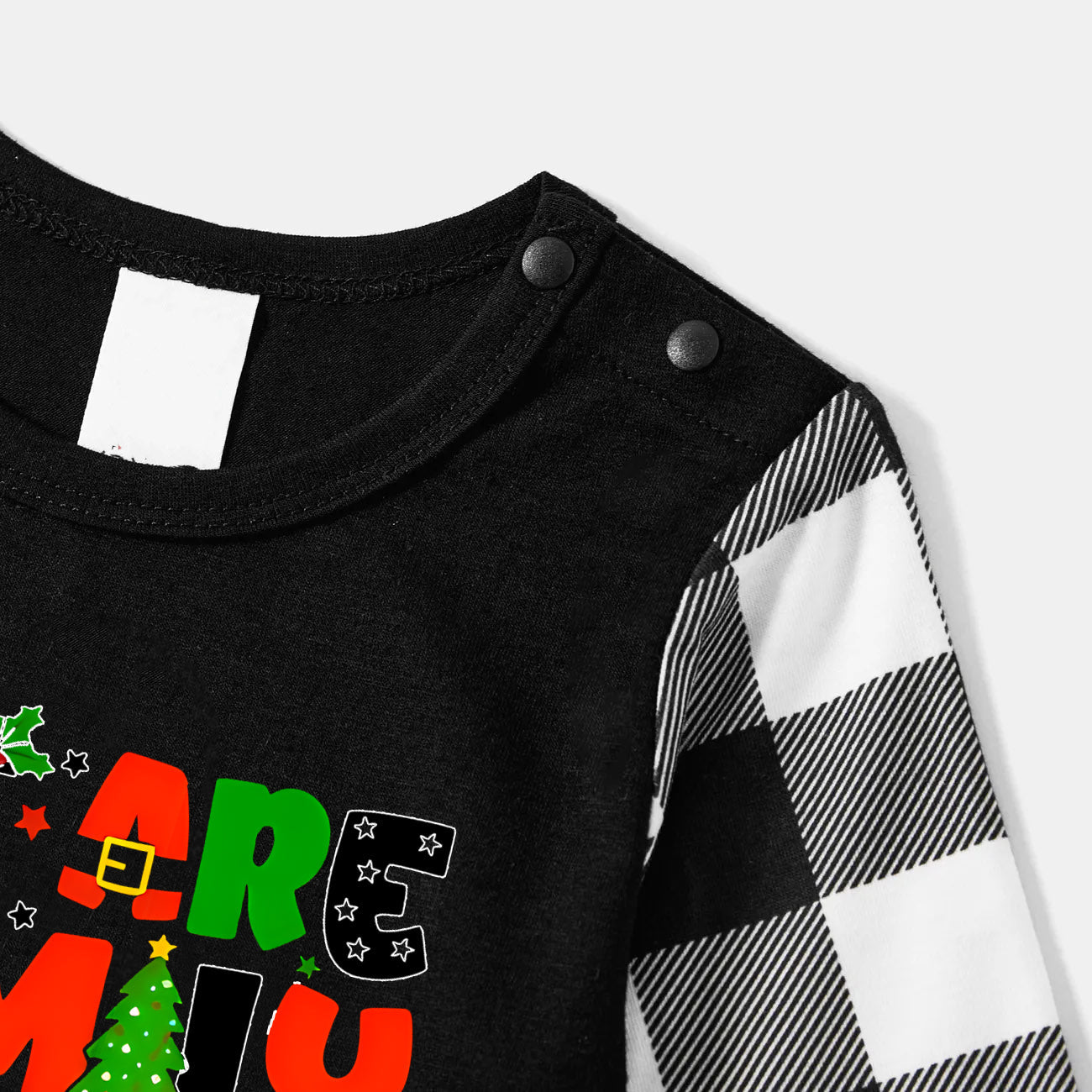 Christmas "We are Family" Colorful Multi-Element Letter Black Long Sleeve Top with Black And White Plaid Pants Family Matching Pajamas