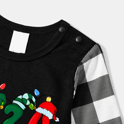 Christmas "2024" Letter Print Black Long Sleeve Top with Black And White Plaid Pants Family Matching Pajamas