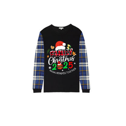 Merry Christmas 2025 Making Memories Family Pajamas Set - Black Top, Blue Pants, Blue Plaid Sleeves, Santa & Gingerbread Print