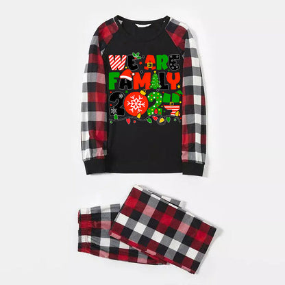 Christmas "We are Family" Colorful Multi-Element Letter Prints Red & Black & Grey & White Plaid Family Matching Pajamas