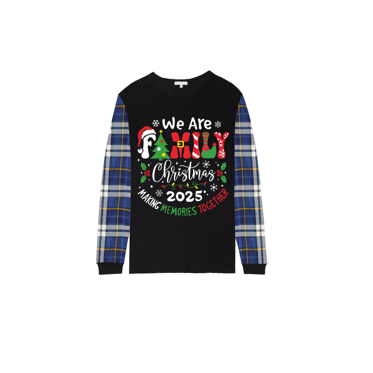 We Are Family Christmas 2025 Making Memories Family Pajamas Set - Black Top, Blue Pants, Blue Plaid Sleeves