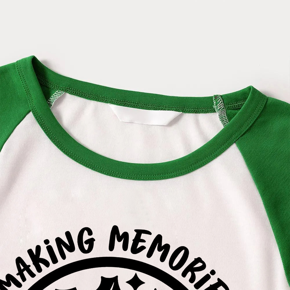 Christmas Make Memories Together 2024 Print Green Rotator Cuff Top With Green & Black Plaid Family Matching Pajamas With Dog