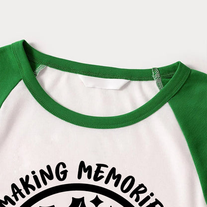 Christmas Make Memories Together 2024 Print Green Rotator Cuff Top With Green & Black Plaid Family Matching Pajamas With Dog