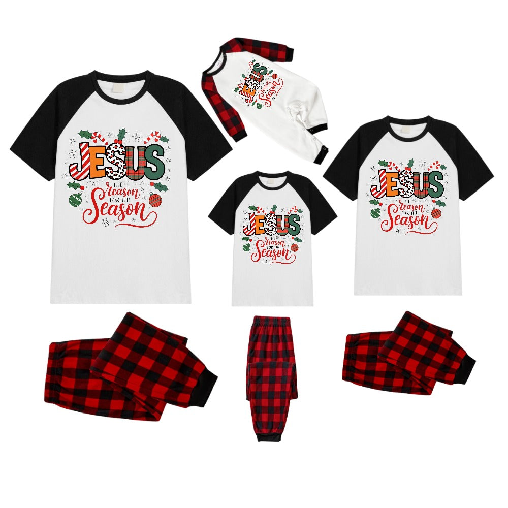 Black and Red Plaid Raglan Short Sleeve Pajamas Set With "Jesus" and Christmas Pattern Print