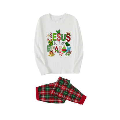“Jesus Is The Reason” Christmas Printed Red and Green Plaid Christmas Pajama Set