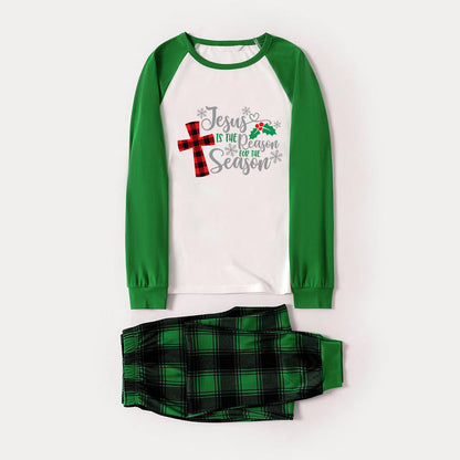 Jesus Cross Christmas Snowflake Patterned and 'Jesus Is The Reason For The Season' Letter Print Casual Long Sleeve Sweatshirts Green Contrast Tops and Black and Gren Plaid Pants Family Matching Raglan Long-sleeve Pajamas Sets