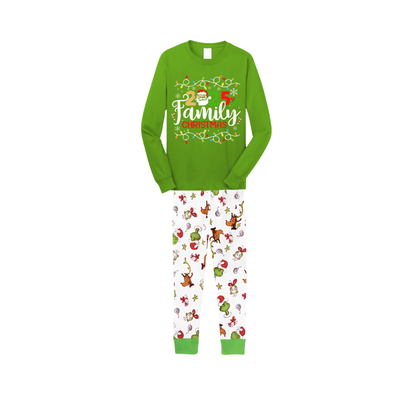 Green Top and Grinch Pants Pajamas Set With Christmas Light and "2025 Family Christmas" Text Print