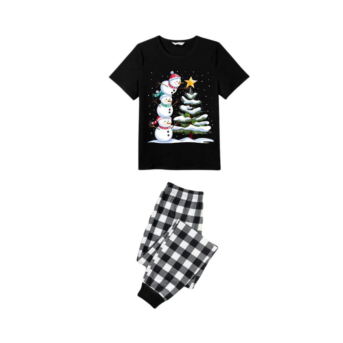 Black and White Plaid Christmas Short Sleeve Pajamas Set with Snowman & Christmas Tree Print