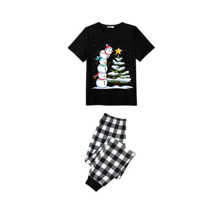 Black and White Plaid Christmas Short Sleeve Pajamas Set with Snowman & Christmas Tree Print