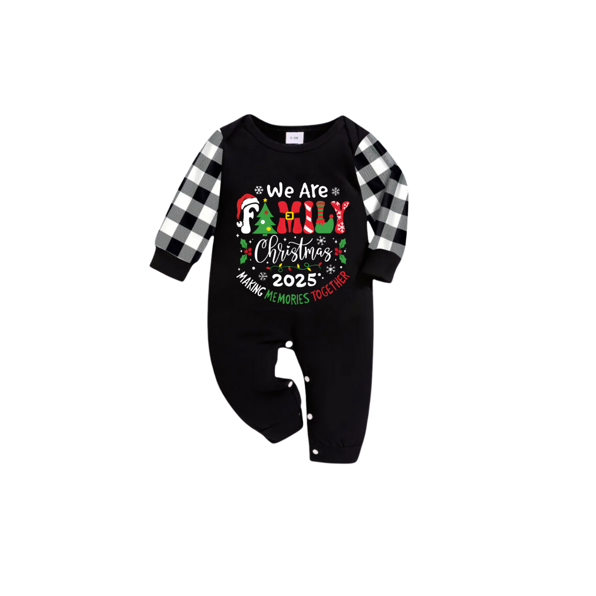 We Are Family Making Memories Together Christmas 2025 Pajamas Set - Black Top Black and White Plaid Pants Colorful Text Graphic