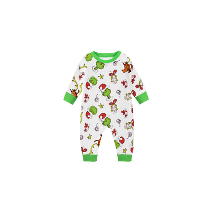Christmas Family Matching Pajamas-Green Top and Grinch Pants Pjs Set with Christmas Grinch Cartoon Print