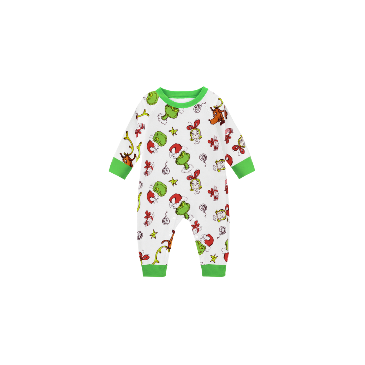 Christmas Family Matching Pajamas-Green Top and Grinch Pants Pjs Set with Grinch and Christmas Pattern Print