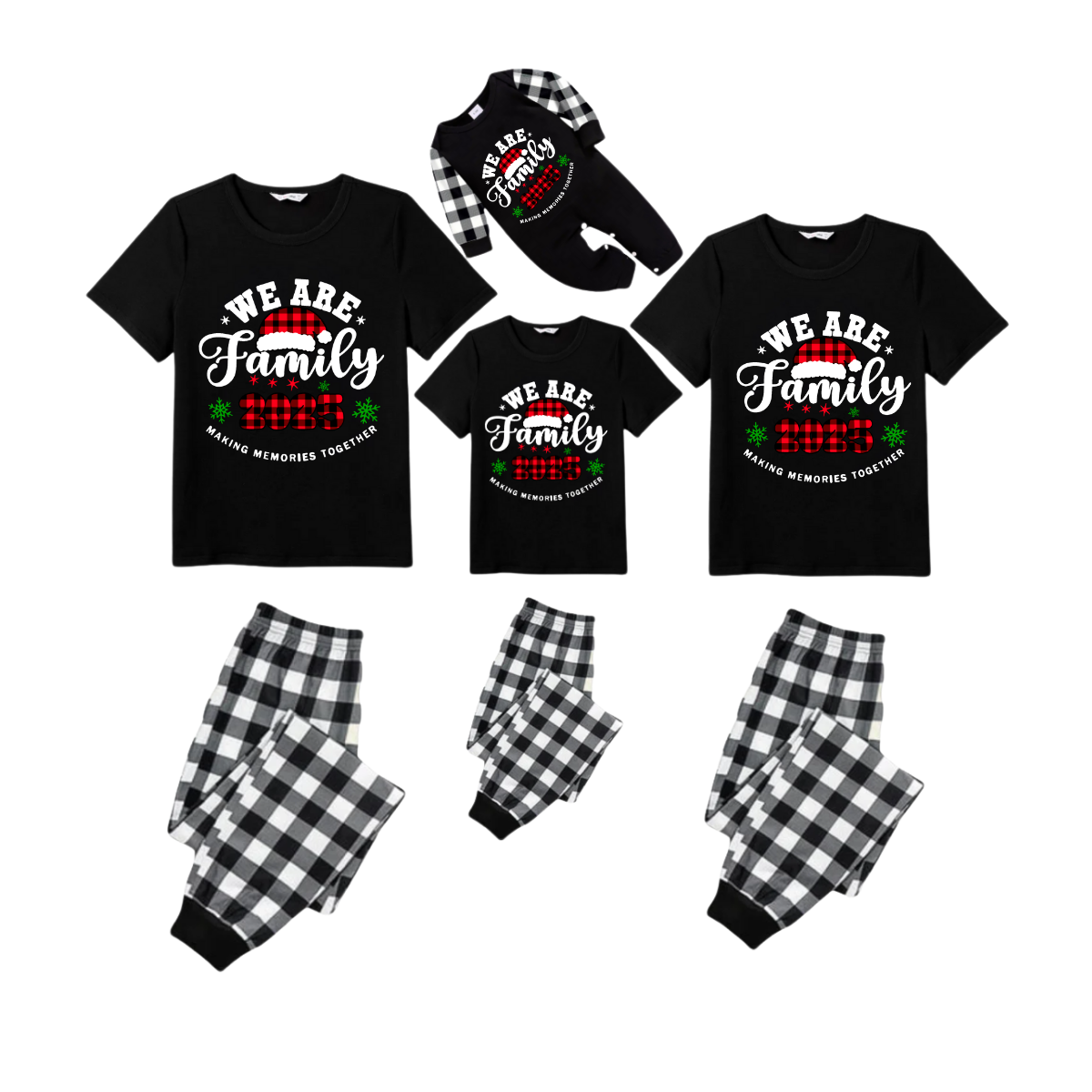 2025 Merry Christmas Family Pajamas Set - Black Top Black and White Plaid Pants White Text Graphic