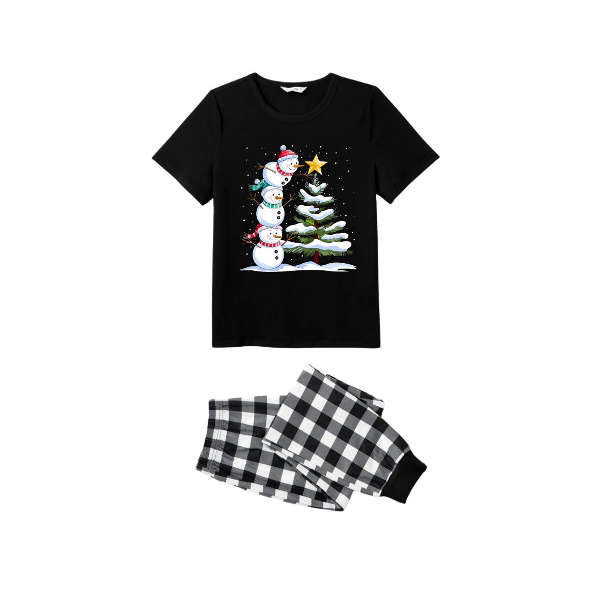 Black and White Plaid Christmas Short Sleeve Pajamas Set with Snowman & Christmas Tree Print