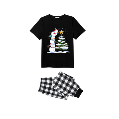 Black and White Plaid Christmas Short Sleeve Pajamas Set with Snowman & Christmas Tree Print