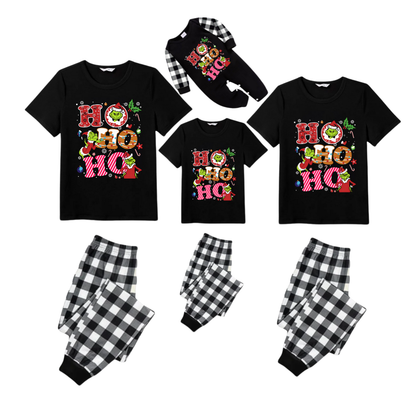 Black and White Plaid Christmas Short Sleeve Pajamas Set With Grinch and "HO HO HO" Text Print