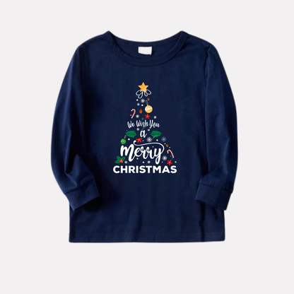 "We Wish You a Merry Christmas" Printed Blue Long Sleeve Top With Blue & Red Plaid Family Matching Pajamas