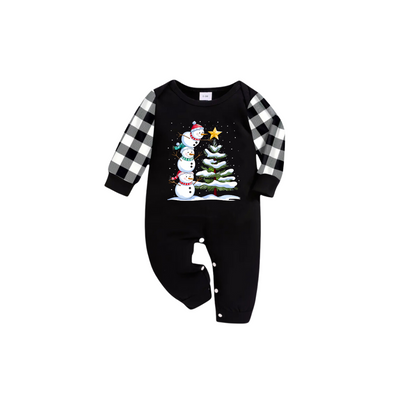 Black and White Plaid Christmas Short Sleeve Pajamas Set with Snowman & Christmas Tree Print
