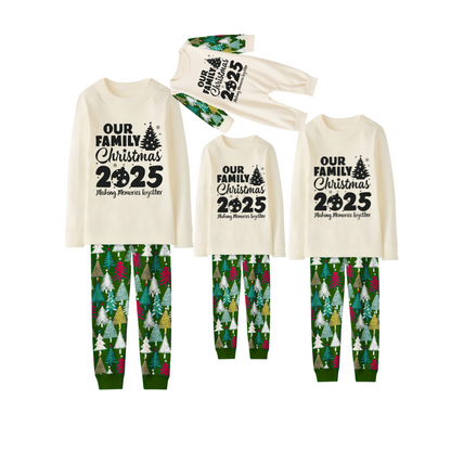 2025 Our Family Christmas Matching Pajamas -Cream Long Sleeve Tops & Green Christmas Tree Pants