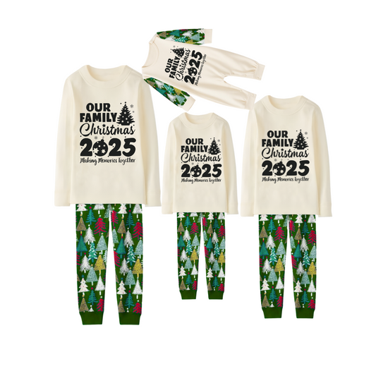 2025 Our Family Christmas Matching Pajamas -Cream Long Sleeve Tops & Green Christmas Tree Pants