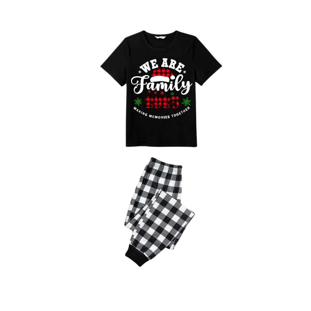 2025 Merry Christmas Family Pajamas Set - Black Top Black and White Plaid Pants White Text Graphic