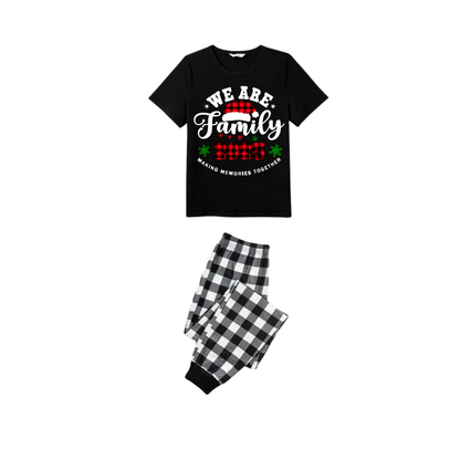 2025 Merry Christmas Family Pajamas Set - Black Top Black and White Plaid Pants White Text Graphic