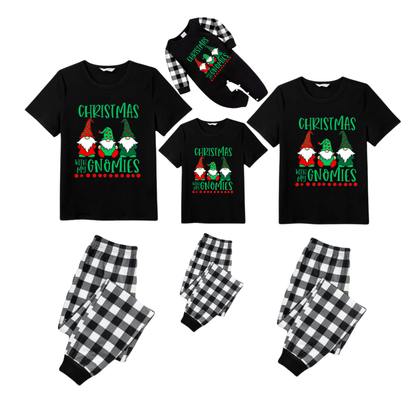 Black and White Plaid Christmas Short Sleeve Pajamas Set With "Christmas With My Gnomies" Text Print