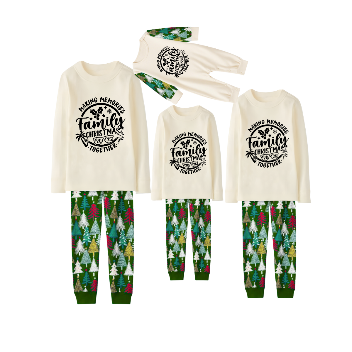Making Memories Family Christmas Pajamas - Cream & Tree Print