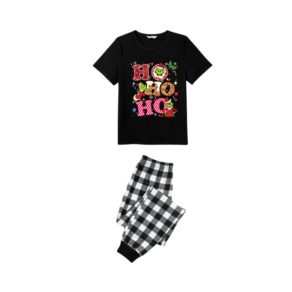 Black and White Plaid Christmas Short Sleeve Pajamas Set With Grinch and "HO HO HO" Text Print
